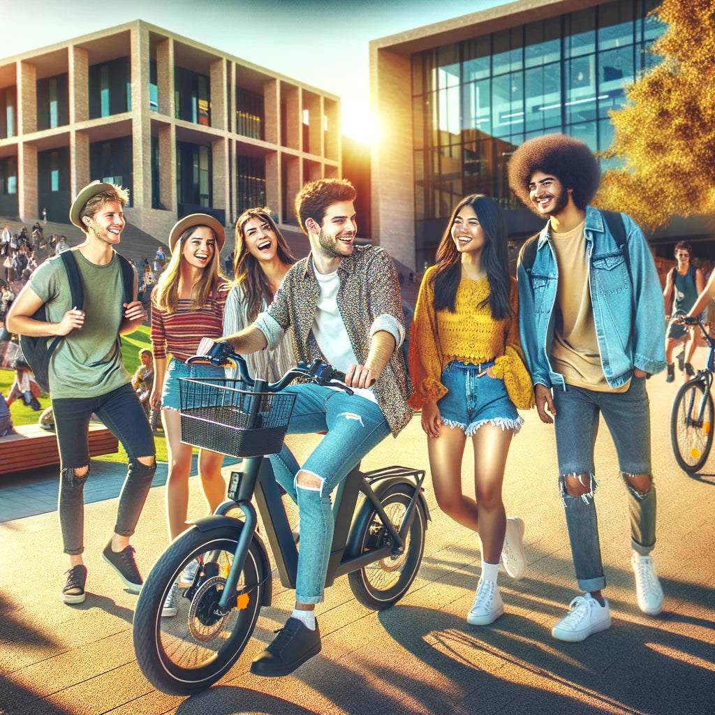 College students enjoying a sunny day on campus by riding a modern electric bike together, showcasing diversity, sustainability, and the vibrancy of student life.