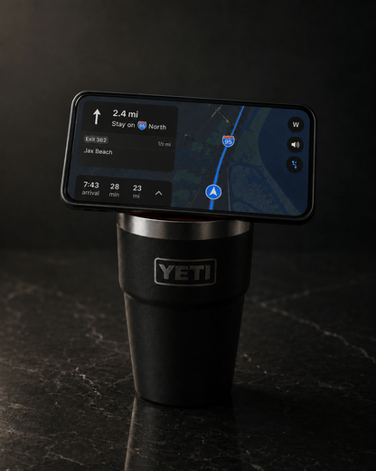 Black YETI Rambler tumbler wearing the NMT MagSafe phone mount lid, iPhone docked in landscape showing navigation