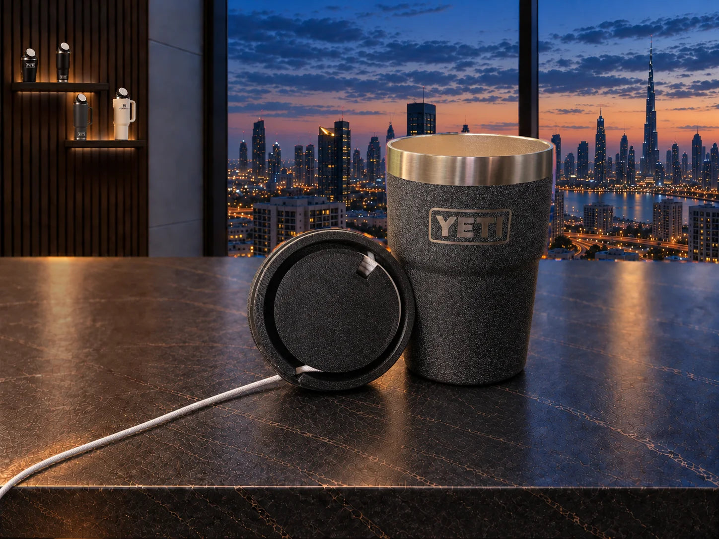 Underside of the NMT lid showing cable routing beside an empty YETI cup.
