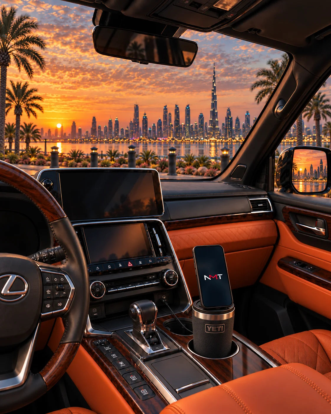 Phone docked on an NMT replacement lid fitted to a black YETI cup in a luxury SUV cupholder, with the Dubai skyline at sunset through the windshield.