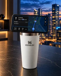 Phone docked on an NMT replacement lid fitted to a white Stanley Everyday Tumbler.