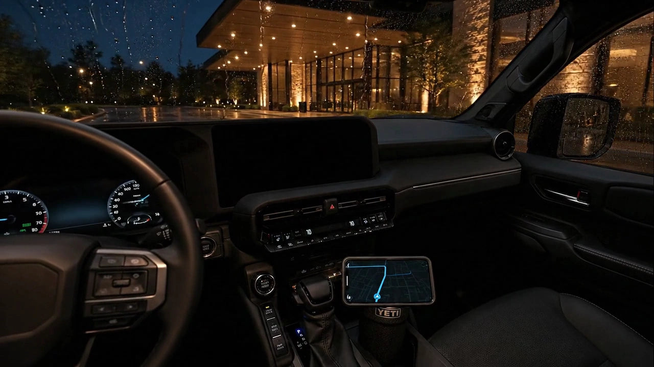 A softly lit YETI cup with an NMT phone dock inside a car at a warmly lit hotel entrance
