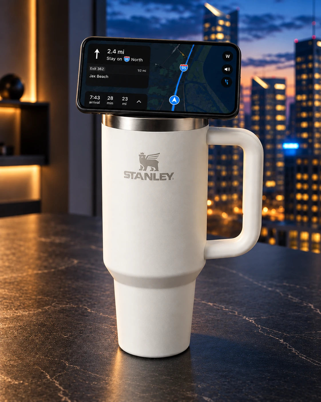 Phone docked on the larger Quencher mount in a refined city office setting.