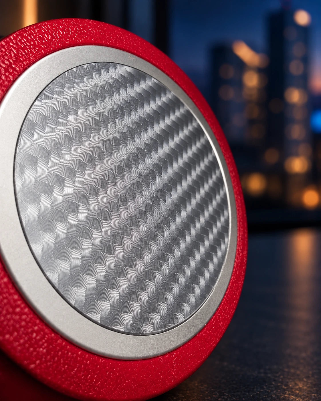 Close-up of a silver carbon-pattern Charger Skin on a charging puck inside a red NMT ring.