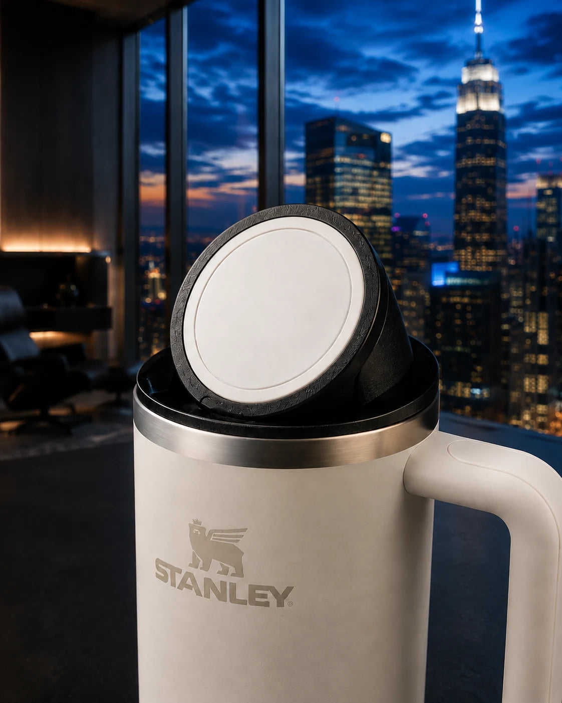 Black NMT replacement lid and charging puck on a white Stanley Quencher beside penthouse windows overlooking the city at dusk