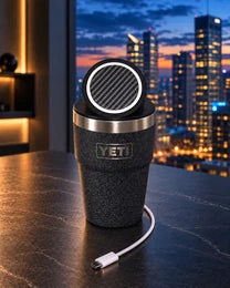 NMT black lid and charging puck with a carbon-pattern skin fitted to a YETI cup, with its USB-C cable visible.